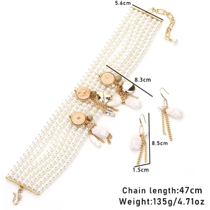 Elegant multilayer pearl choker necklace and earrings set with gold baroque accents