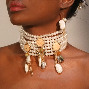 Multi Layer Imitation Artificial Pearl Choker Necklace And Earrings Baroque Style Vintage Tassel Handmade Jewelry For Women