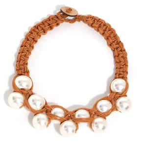 Handcrafted brown rope necklace with large white faux pearls and a round wooden button