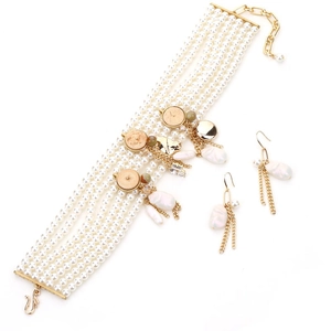Elegant multi-strand pearl choker necklace and earring set with baroque pearl pendants