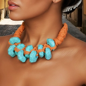 Bohemian Statement Necklace And Earrings Faux Turquoise Chunky Braided Wax Rope Ethnic Jewelry For Women