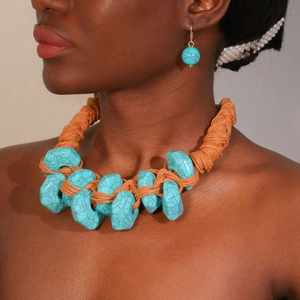 Handmade turquoise stone necklace and earring set with chunky braided rope on a model