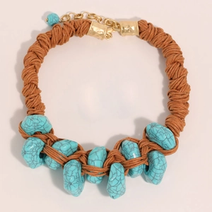 Handmade bohemian turquoise necklace with brown braided rope and gold metal clasp