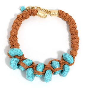 Handmade woven turquoise necklace with brown cord and golden adjustable chain