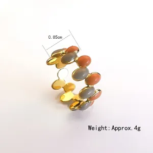 Gold plated stainless steel ring with orange and grey oval enamel drips in ins style