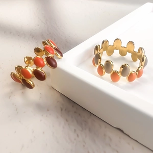 Enamel Stainless Steel Open Ring For Women Colorful Geometric Oval Wave Band Gold Plated Adjustable Fashion Jewelry