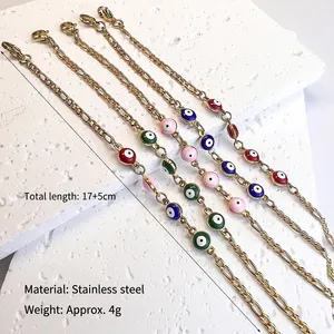 Bohemian gold stainless steel evil eye chain bracelets with colorful enamel charms