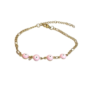 Boho style gold plated stainless steel bracelet featuring pink evil eye beads and adjustable chain