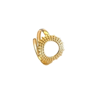 Polished golden stainless steel sunflower open ring with unique textured circular design