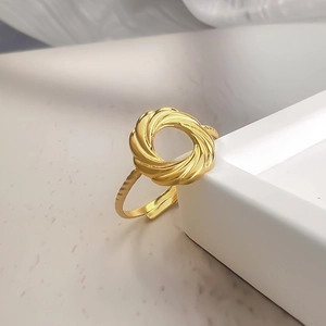 Stainless Steel Twisted Rope Ring Gold Plated Hollow Circle Adjustable Open Ring French Vintage Minimalist Jewelry Women