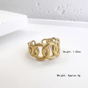 French vintage 18k gold plated chain open ring with hammered texture 1.05cm width