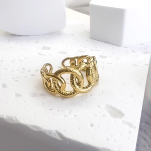Chain Link Ring Stainless Steel 18K Gold Plated Hammered Textured Adjustable Open Jewelry French Retro For Women