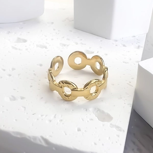 18K gold plated stainless steel square link chain open ring with hammer texture finish