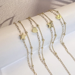 Elegant 18k gold plated double layer stainless steel bracelet with star and heart pendants