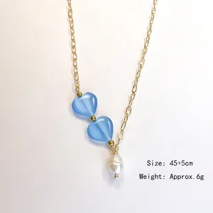 Collier en Y doré avec perles cœur bleues et pendentif perle, longueur 45+5cm