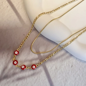 Evil Eye Double Layered Necklace Stainless Steel Gold Plated Snake Figaro Chain Enamel Pendants Bohemian Jewelry For Women