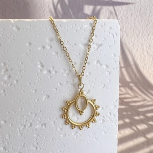 Sun Pendant Necklace Stainless Steel Pink Cat Eye Stone Vintage Gold Plated Hollow Geometric Clavicle Chain For Women