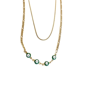 Double-layered 18K gold stainless steel necklace with green evil eye beads and snake chain