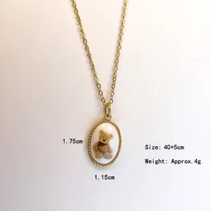 French style 18K gold oval pendant necklace with cute teddy bear for women, 40+5cm