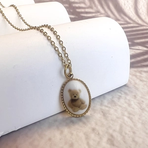 Teddy Bear Oval Pendant Necklace 18K Gold Plated Stainless Steel French Retro Elegant Clavicle Chain For Women