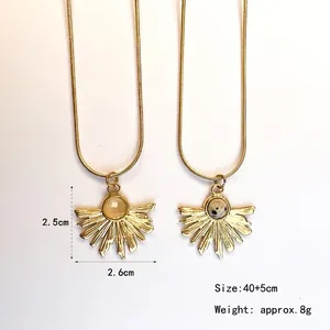 Gold fan-shaped titanium steel necklaces with natural stone pendants in sunburst design