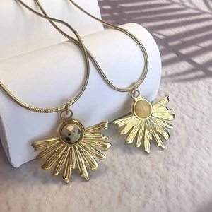 Golden stainless steel sunburst pendant necklaces with natural stone inlay for women