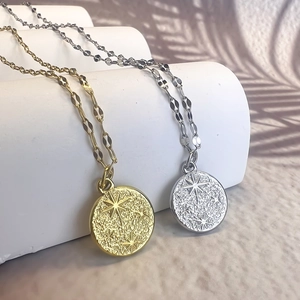 Vintage French Style Stainless Steel Necklace Hammered Texture Octagonal Star Coin Pendant Embossed North Star For Women