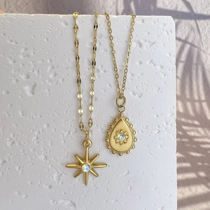 Eight-Pointed Star Water Drop Pendant Necklace Stainless Steel Gold Plated Zircon Opal Clavicle Chain Vintage Bohemian