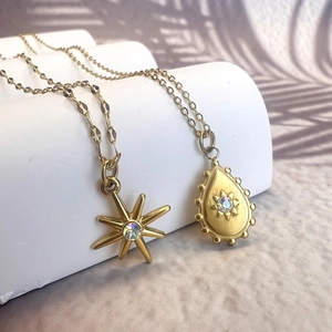 Gold stainless steel star and teardrop stone pendants on fine chain necklaces