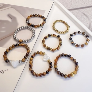 Tiger Eye Stone Beaded Elastic Ring Stainless Steel Beads Retro Ethnic Style Handmade Jewelry Women