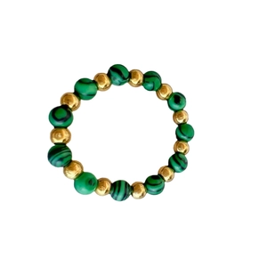 Bague élastique vintage française en perles de malachite naturelle et perles dorées polies