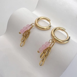 Orecchini a cerchio in acciaio inossidabile 18K con perline di quarzo rosa e catena