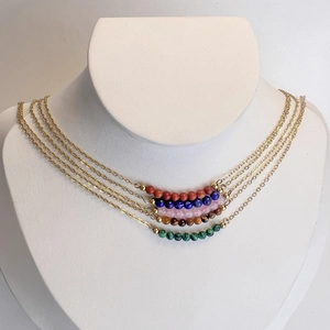 Detail of five gold necklaces with various natural stones on a white neck bust display