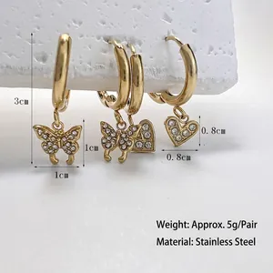 Boucles d'oreilles dorées en acier inoxydable avec papillon, cœur et cristaux