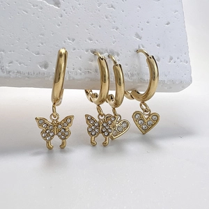 Boucles D'oreilles Créoles Pendentif Papillon Coeur Zircon Étincelant Acier Inoxydable Plaqué Or Pour Femmes