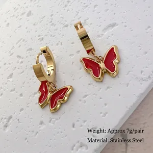 Gold-plated stainless steel butterfly earrings with red oil drip drop and 2.4cm height