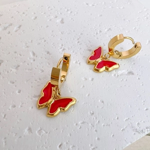 Red Butterfly Pendant Hoop Earrings Stainless Steel Gold Plated Enamel Elegant Fashion Jewelry For Women