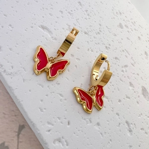 Fashion butterfly pendant earrings with red oil drip on gold stainless steel base