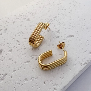 Ribbed Hoop Stud Earrings 18K Gold Plated Stainless Steel Geometric Textured Vintage Minimalist Fashion Jewelry Women