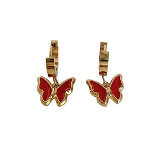 Minimalist gold titanium steel butterfly drop earrings with vibrant red enamel finish