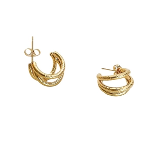 Three-layer 18K gold plated stainless steel twisted hoop earrings on white background