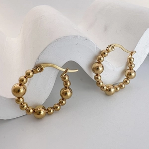 Minimalist gold beaded hoop earrings for women featuring polished stainless steel spheres