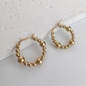 Stainless Steel Beaded Hoop Earrings For Women Gold Plated Polished Graduated Beads Round Loop Minimalist Fashion Jewelry