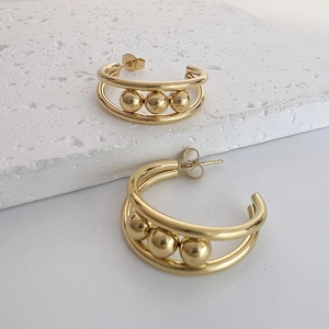 Orecchini A Cerchio A Forma Di C Placcati In Oro 18K Acciaio Inossidabile Doppio Strato Tre Perle Gioielli Geometrici