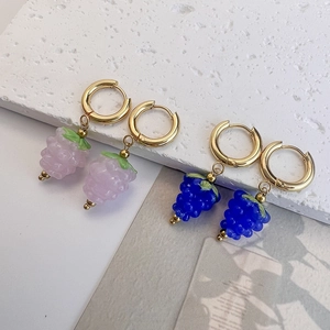 Cute titanium steel grape drop earrings in translucent pink-purple and deep blue hues