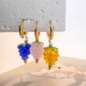 Cute Grape Fruit Pendant Hoop Earrings Stainless Steel Colorful Glaze Pastoral Style Jewelry For Women