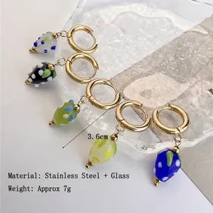 Set of colorful glass strawberry pendant hoop earrings in stainless steel with dimensions