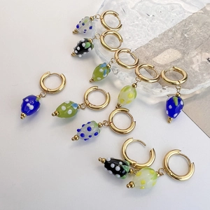 Fashion Strawberry Fruit Hoop Earrings Stainless Steel Colorful Glazed Glass Polka Dot Dangle Jewelry For Women