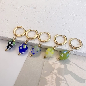 Chic stainless steel gold hoop earrings with colorful dotted glass strawberry pendants