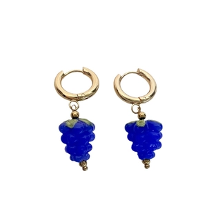 Titanium steel hoop earrings with 3D translucent blue grape charms and green leaves